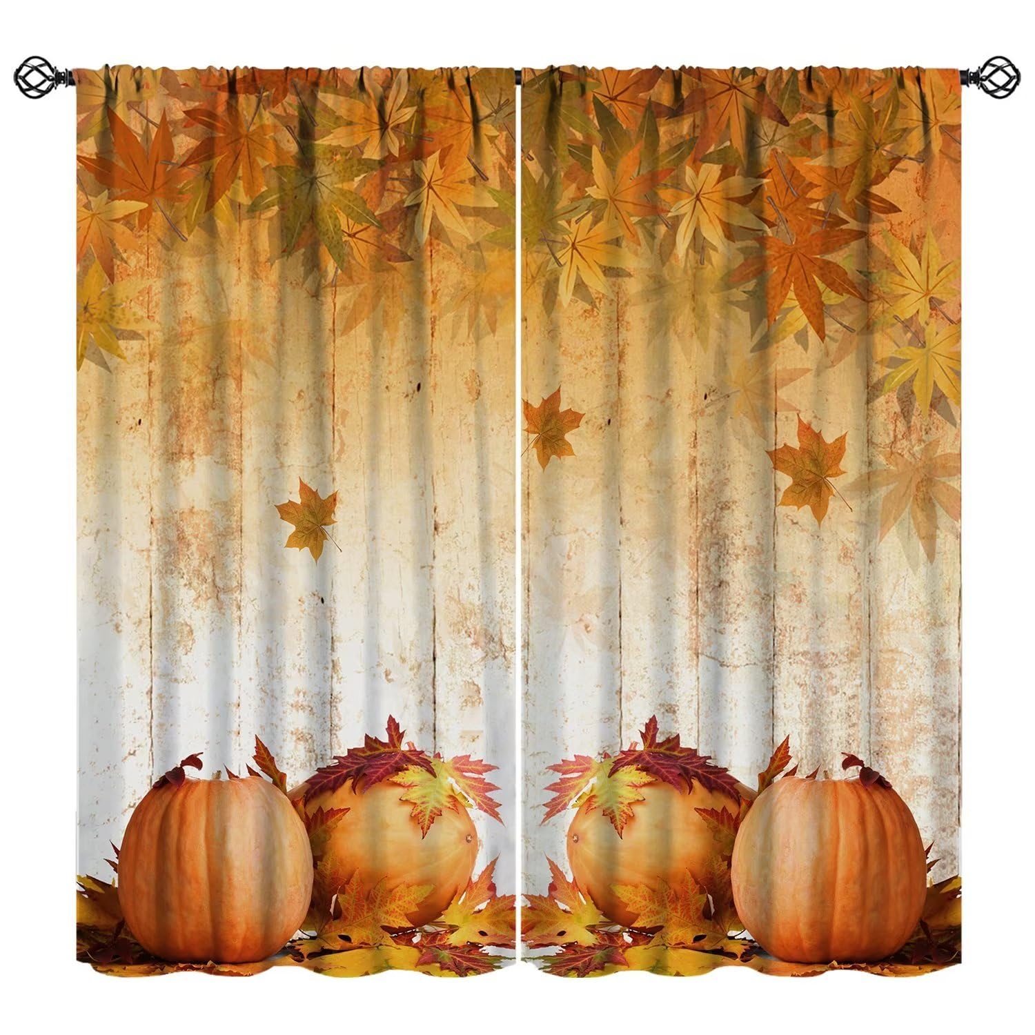 Autumn Pumpkin Window Curtains, Rustic Farmhouse Orange Fall Halloween Maple Leaves Harvest Blackout Rod Pocket Window Drapes for Living Room Bedroom Home Decor W84xL84in