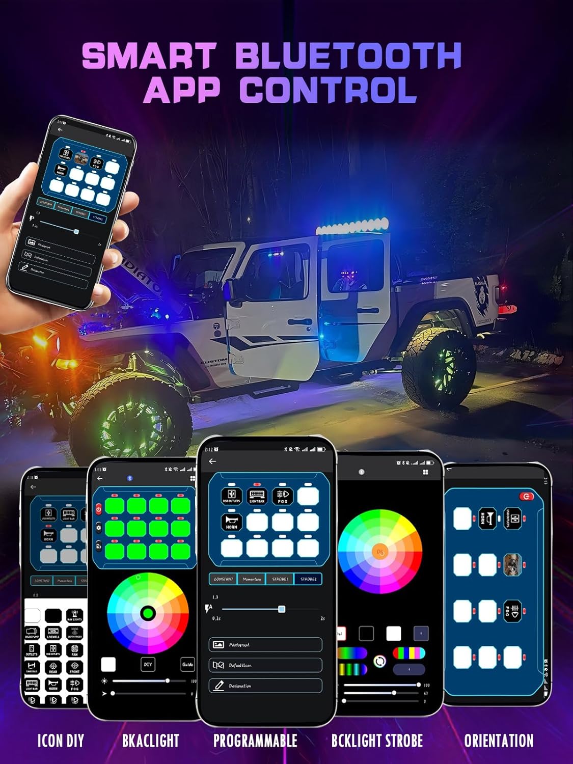 Chelhead 12 Gang Switch Panel APP Control RGB Dimmable Strobe Function Waterproof Control Cuircuit Box 80A Breaker Compatible with Truck SUV Offroad Marine Jeep, 2 Year Warranty