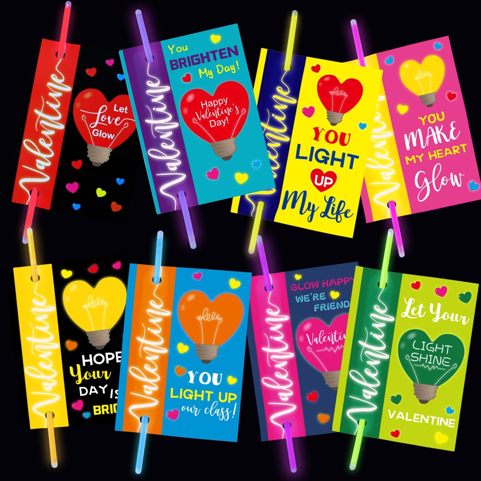 32 Pack Valentines Day Gift Cards with Glow Sticks Valentine's Day Glow In The Dark Party Favors Supplies School Classroom Exchange Cards