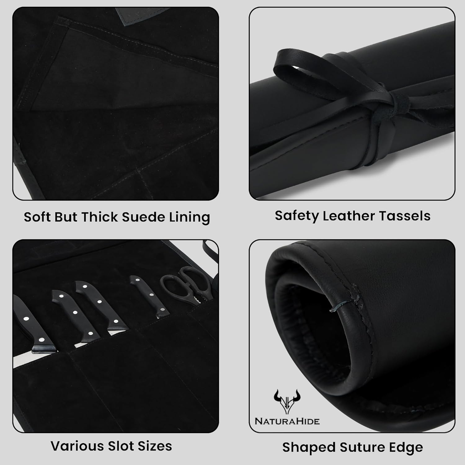 Leather Knife Roll Bag for Professional Chefs 4 Slot Full Grain and Suede Leather Knife Case Handmade Culinary Tool Roll Organizer for Travel, Kitchen and Outdoor Cooking (Black)