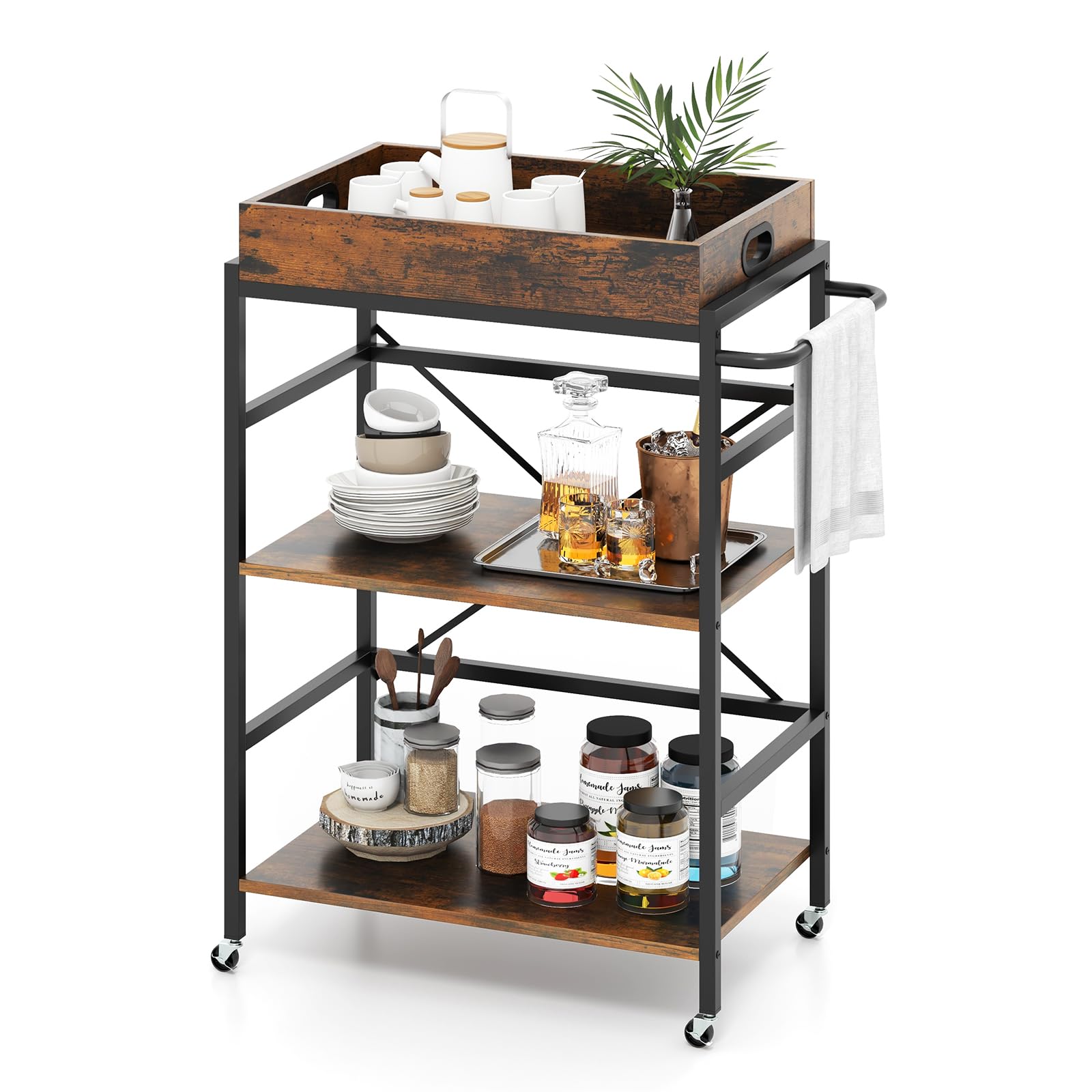 GIANTEX Carrello da cucina con vassoio estraibile e 4 ruote, carrello di servizio a 3 livelli con telaio in metallo, 73 x 40 x 94 cm, stile industriale, carrello ausiliario per cucina, sala da pranzo,