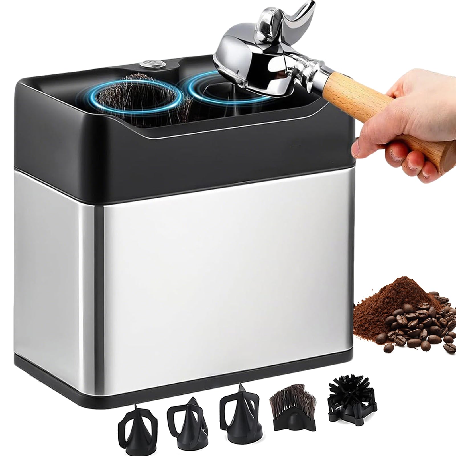 Nettoyeur de porte-filtre électrique, machine automatique de nettoyage du sol de 3 L pour porte-filtres de 51 mm et 58 mm, avec grattoirs et brosses, support mural ou de comptoir pour café et usage