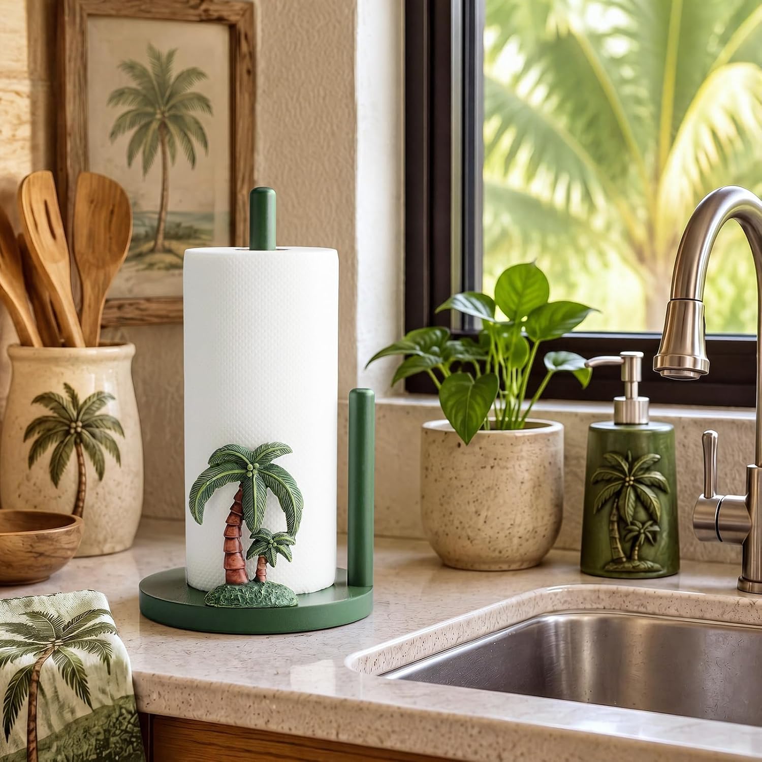 Coconut Tree Paper Towel Holder Resin Stand 12.5" Green Decor image 4