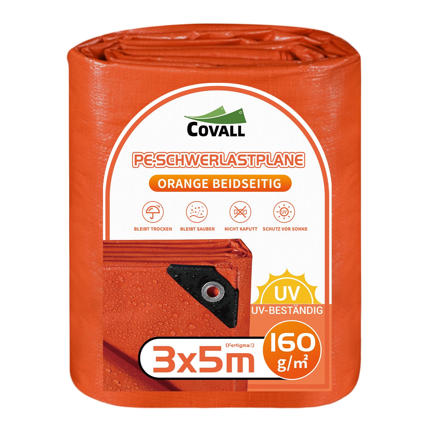 COVALL Plane 3x5m - Abdeckplane mit Ösen 160g/m², Orange Gew