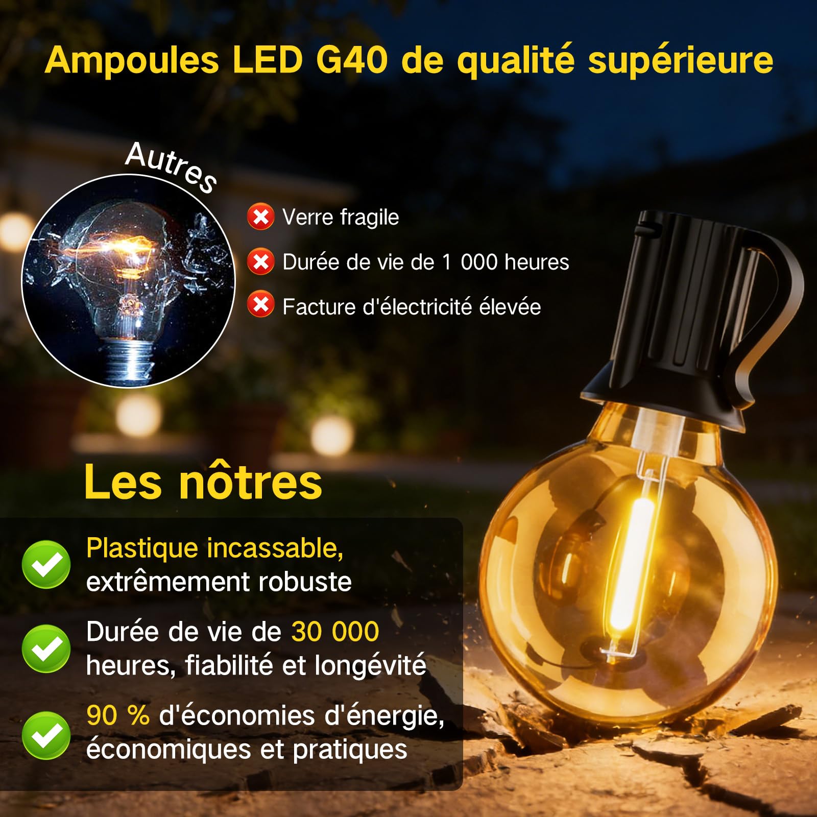 Guirlande Lumineuse Exterieure Guinguette Electrique 30M, G40 98.4FT Étanche LED Guirlande Ampoule Exterieur, Guirlandes Lumières Extérieur Connectable pour Jardin Terrasse Balcon Mariage