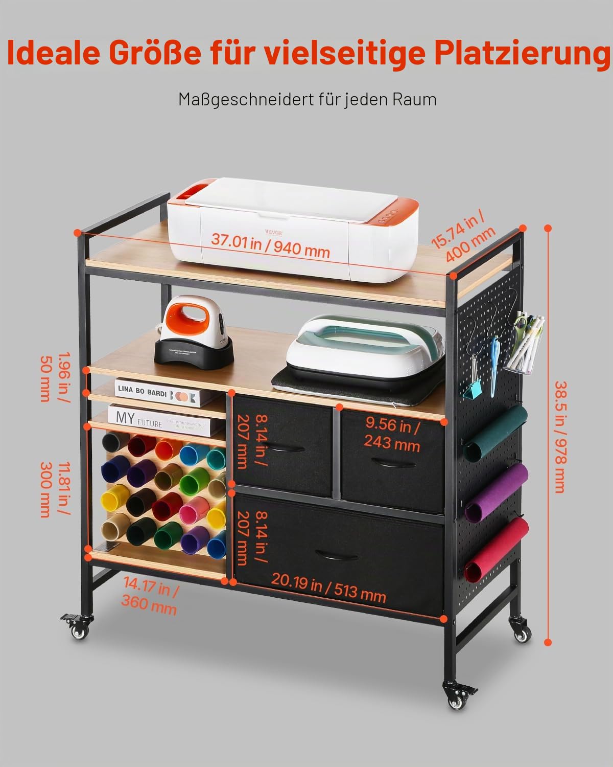 VEVOR Bastelwagen Servierwagen mit Tischplatte, kompatibel mit Cricut-Maschinen, rollender Bastel-Aufbewahrungswagen mit 20 Vinylrollen-Halterungen & 3 Schubladen, Bastel-Organizer Schwarz