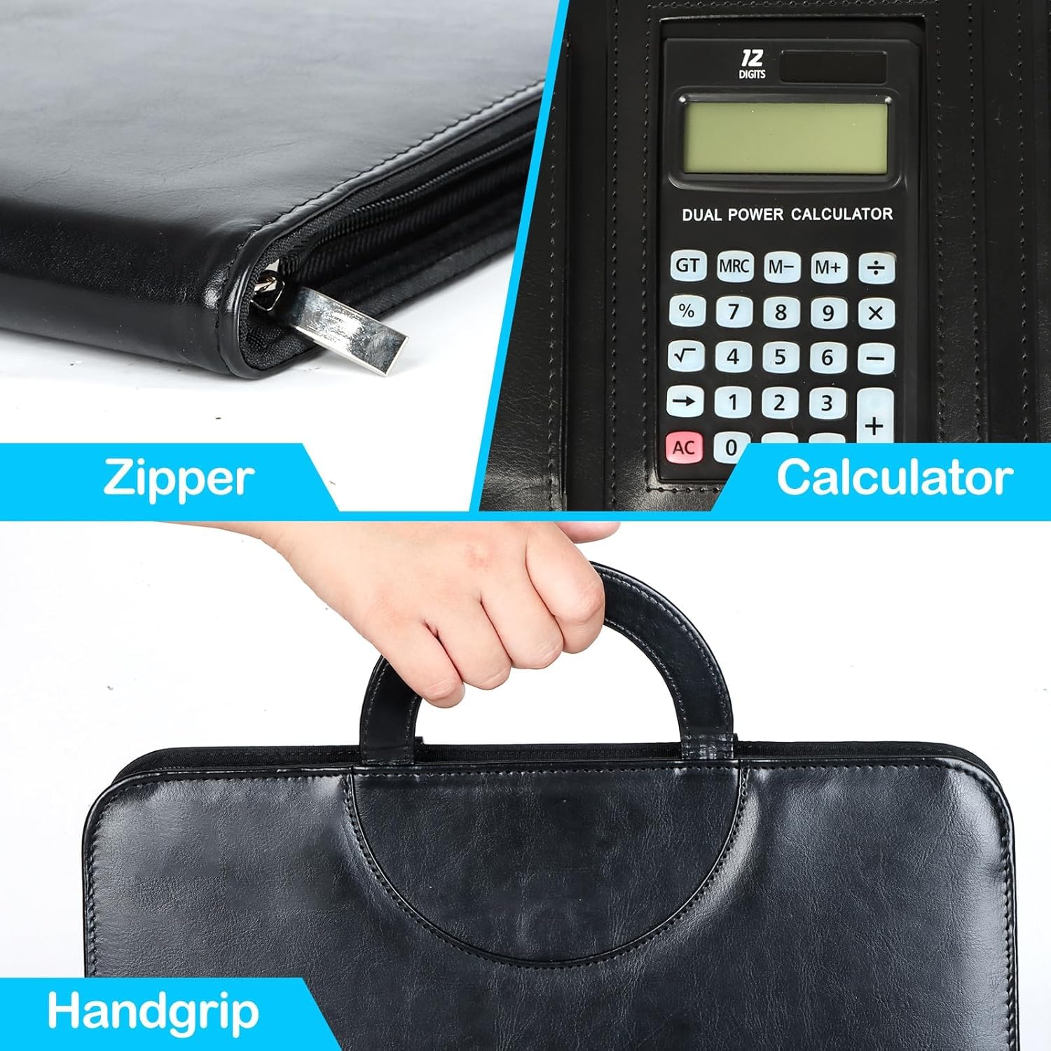Cartella Portadocumenti A4 in Pelle con Calcolatrice e Cerniera, Portablocchi Organizer – Nero