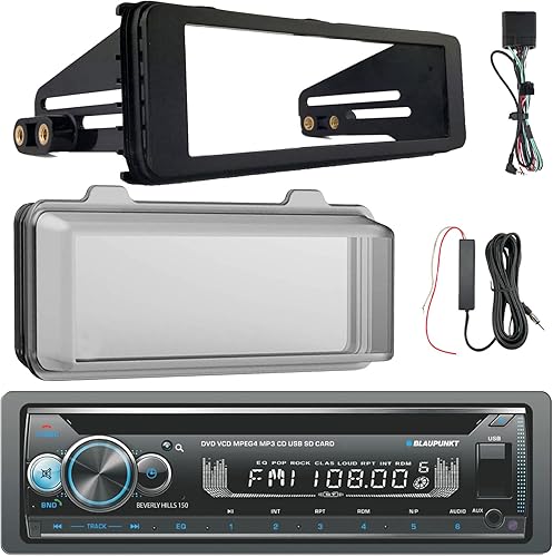 Blaupunkt Hamburg Single DIN Retro Classic Bluetooth USBAUX AMFM Radio Stereo Receiver WStereo Install Kit + Weather Shield Receiver Cover, 12V