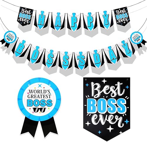 HOWAF Cartel de decoración de fiesta con texto en inglés Happy Boss, color azul y negro, para decoración de oficina, fiesta temática de jefe,