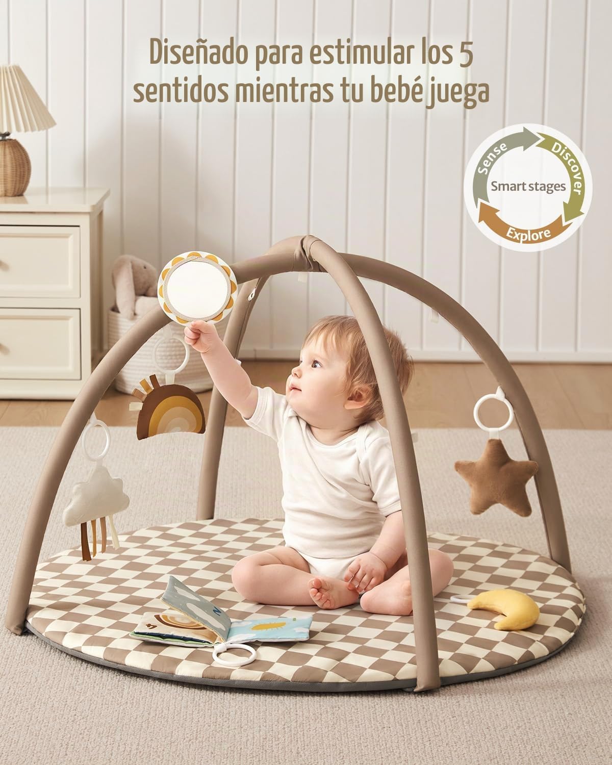 Blissful Diary Gimnasio Bebe Con Arco Desmontable, Manta Actividades Bebe De Forma De Hoja Con 6 Juguetes - Desarrollo Sensorial Y Motor Progresivo, Regalo Para Bebés, Topo Cuadros