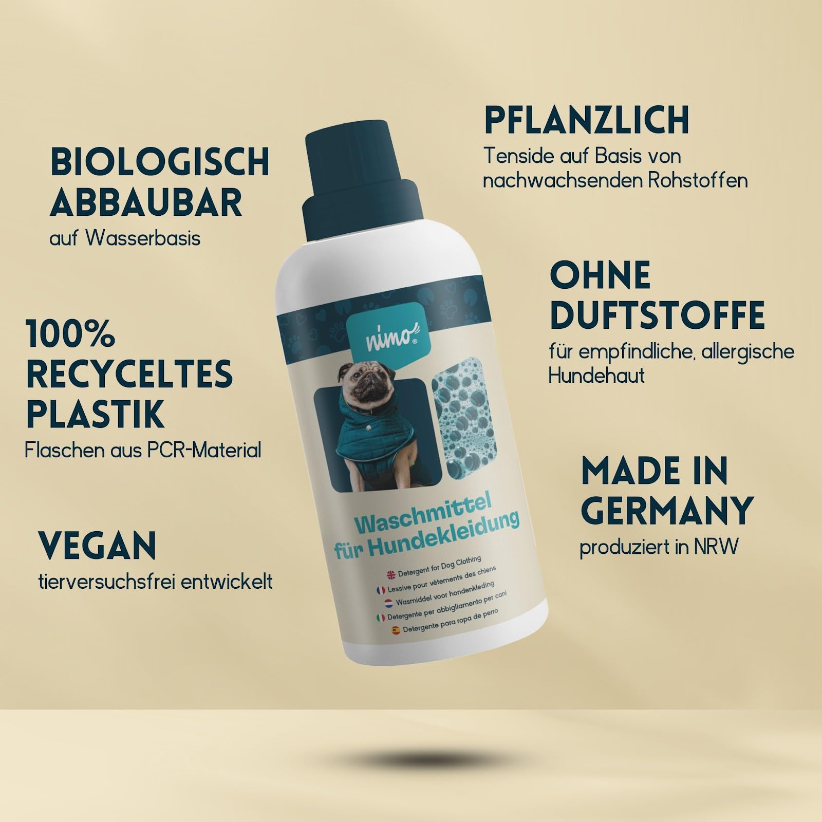 nimo® Waschmittel für Hundebekleidung | ohne Duftstoffe & Farbstoffe | für Hundemäntel & Hundedecken | entfernt Kot- & Urinflecken