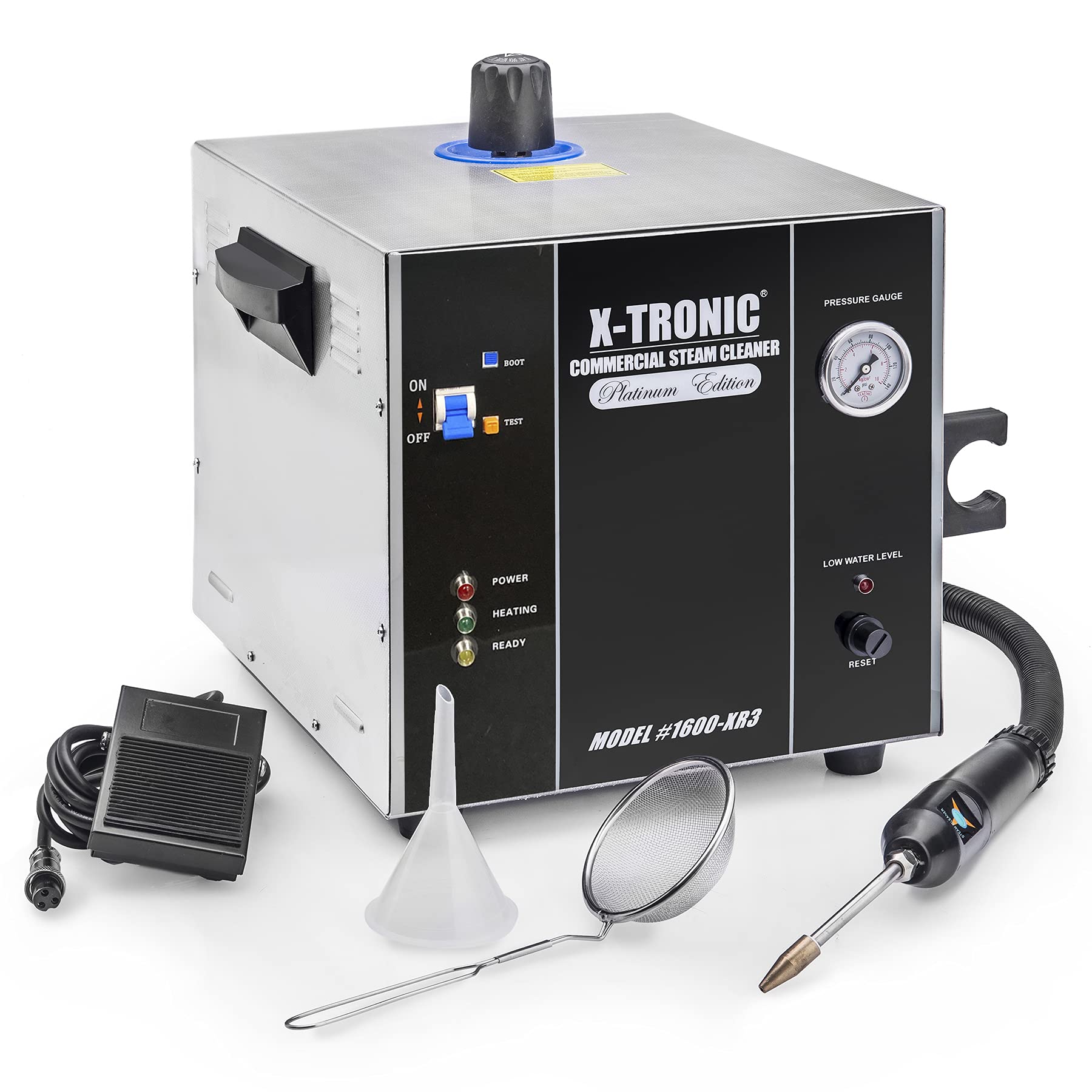 X-Tronic Model #1600-XR3 • 1600 Watt 4 Liter Commercial Jewelry Steamer Steam Cleaner • 4 L Stainless Steel Tank • Steam Gun w/48" Hose • Foot Pedal or Gun Nozzle Control • Cleaning Basket • Funnel