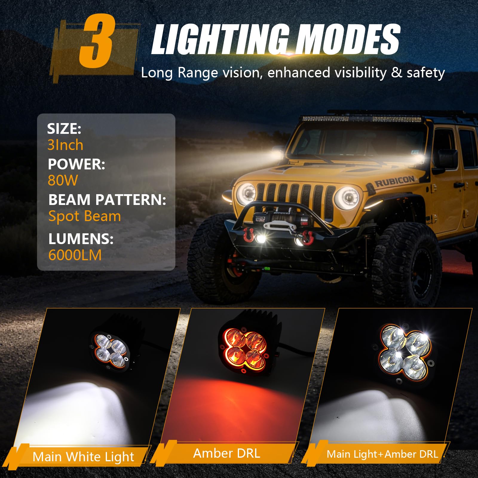 Chelhead 2 sztuki reflektorów terenowych LED, 80 W, 6000 lm, z żółtymi światłami drogowymi LED DRL, wodoszczelność IP68, kompatybilne z samochodami 9-30 V, ciężarówkami, pickupami, golfem, SUV-em, ATV