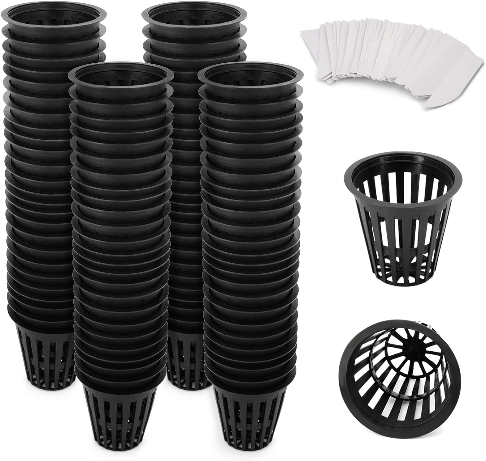 2 inch Net Pots for Hydroponics 100 Packs with Plant Lable Heavy Duty, Reusable, UV Resistant Slotted Mesh Net Cups for Tower Gardens, Clone Machine, Aeroponics System (2 inch 100 Packs)
