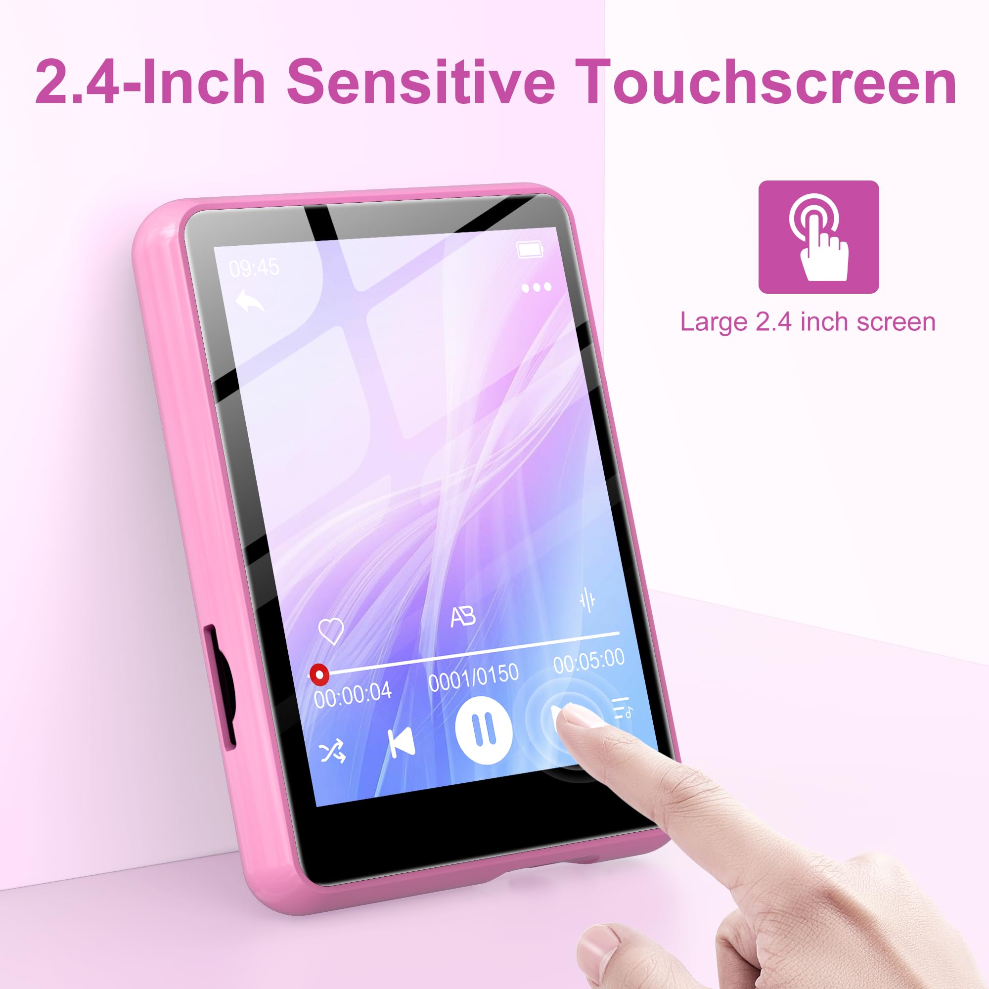 SWOFY Lettore MP3 da 128 GB con Bluetooth da 5,3-2,4 pollici, touch screen, suono Hi-Fi, altoparlante integrato, funzione di registrazione, radio FM, può essere esteso a 512 GB (rosa)