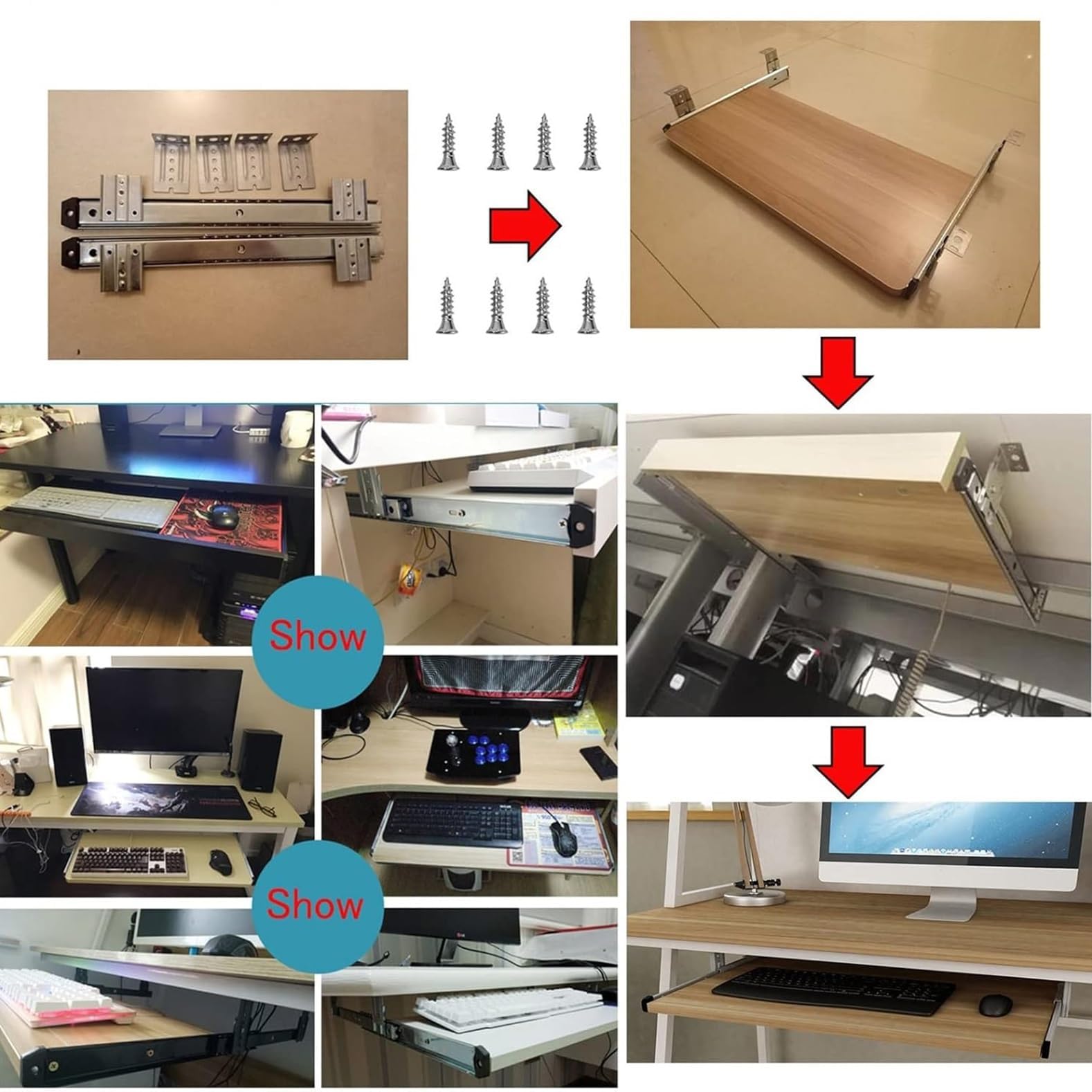 Regulowana taca na klawiaturę pod biurko, ergonomiczna wysuwana szuflada, obsługa klawiatury komputerowej, łatwa instalacja, wykończenie orzechowe (60 x 25 cm)
