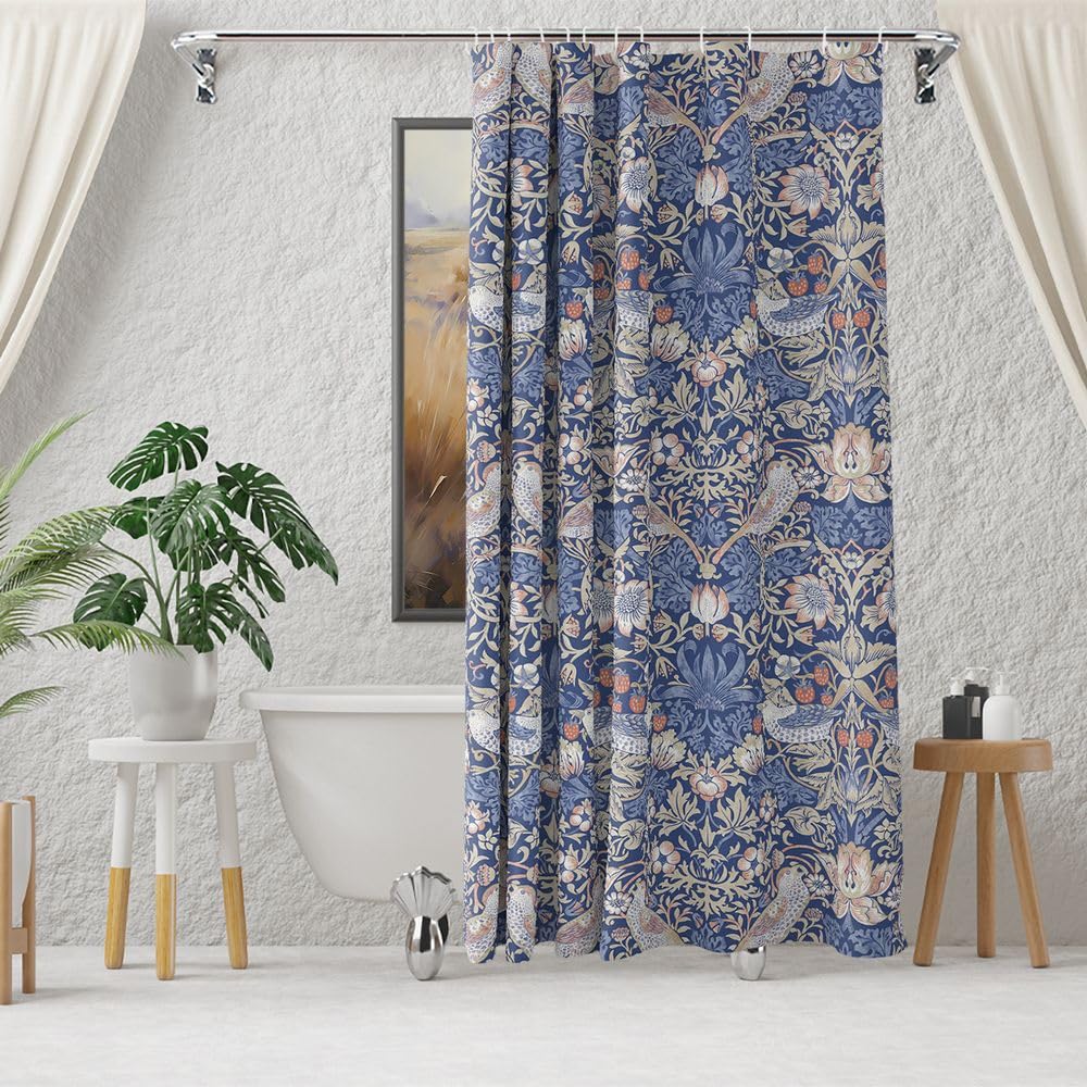 William Morris Abstract Art Hotel Shower Curtain, Blue Bathroom Floral Decor, Polyester Waterproof Fabric With 12 Hooks, 180x180cm - Image 2