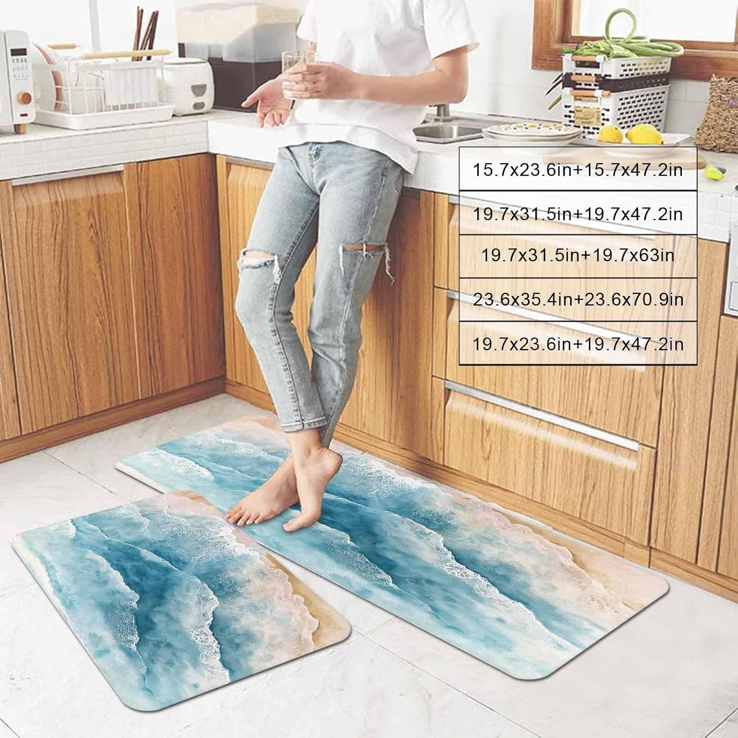 Prime Leader Summer Beach Kitchen Mat Set 2 Pieces Blue Coastal Nautical Ocean Wave Non Slip Kitchen Rugs Washable Runner Rug Mats for Sink Laundry (23.6" x 35.4"+23.6" x 70.9")