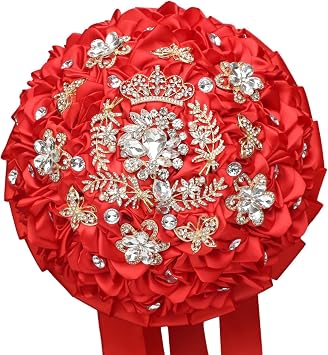 Romantic Wedding Bridal Bouquet, Large Round Sparkly Brooch Bouquet, Handmade Colorful Artificial Satin Rose Bouquet, Wedding Tossing Flower Bouquet for Bride and Bridesmaids Red,6.69in