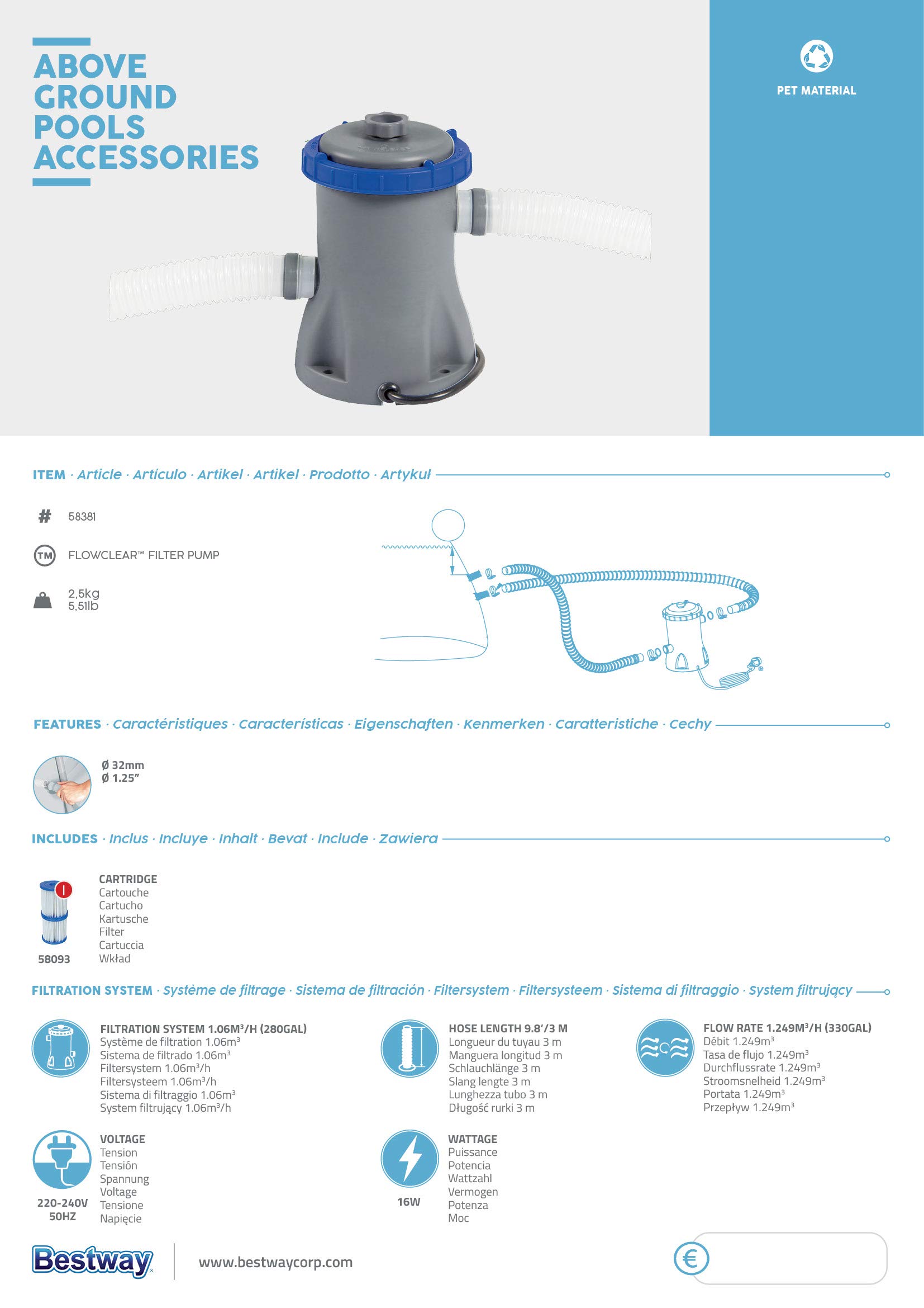 Bestway Pompe de Filtration Flowclear 1.249 l/h Gris