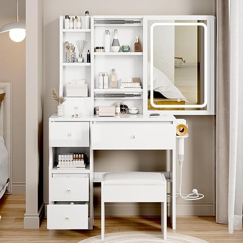 Vanity Desk With Mirror and LED Lights,Small Vanity With 4 Storage Drawers and Charging Station,White Makeup Vanity Desk Set With Large Sliding LED