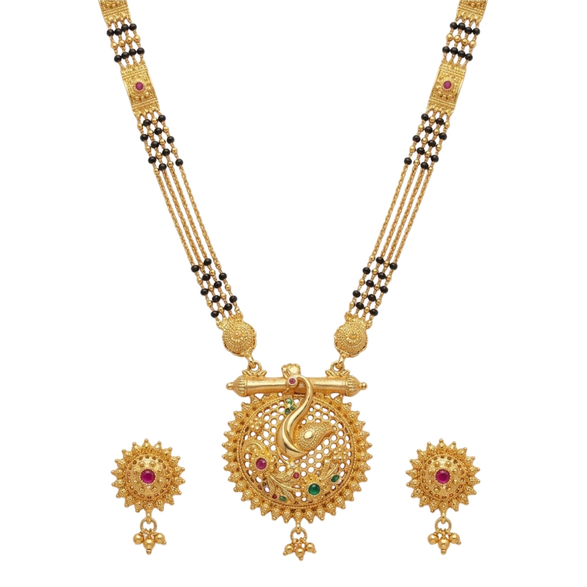 Long Mangalsutra with More Pendant Design | Traditional Maharashtrian Jewelry | Copper Gold Tone | Free Size | Includes Earrings-image-47