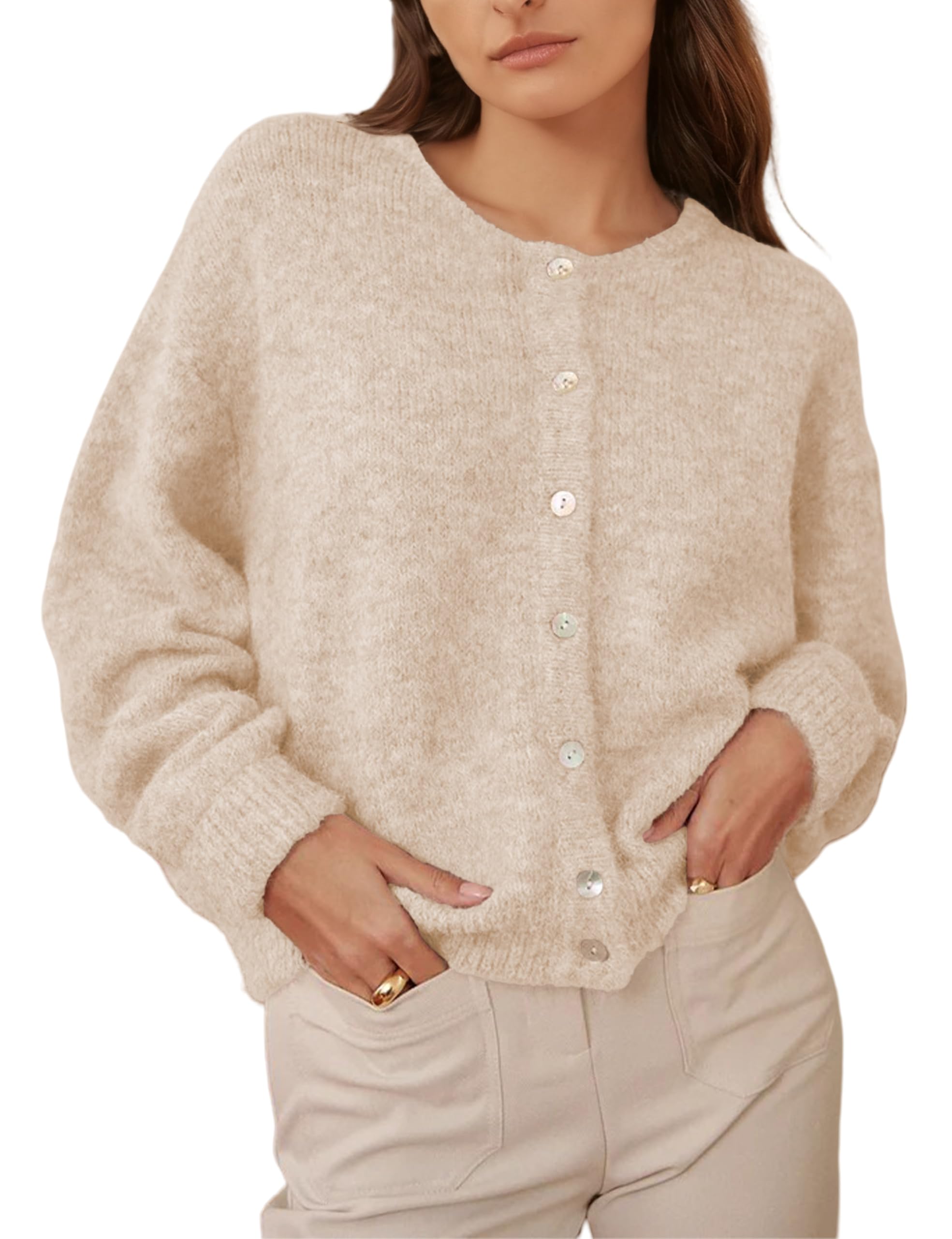 Womens Round Neck Button Down Long Sleeve Blouse Cardigan Loose Fit Knit Top Crewneck Sweater