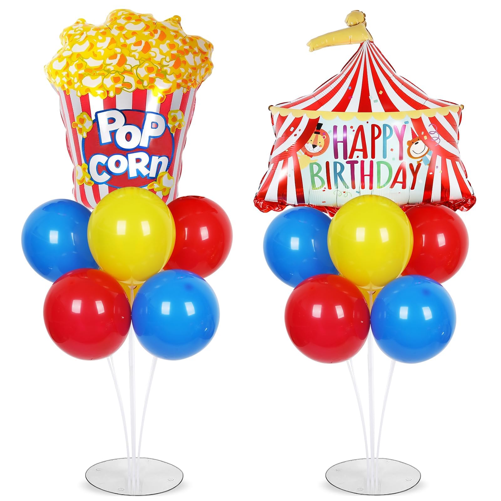Carnival Circus Birthday Party Balloons Stand Kit 2 Sets with 2 Circus Tent Popcorn Foil Balloons Plim Themed Red Blue Yellow Balloon Centerpiece for