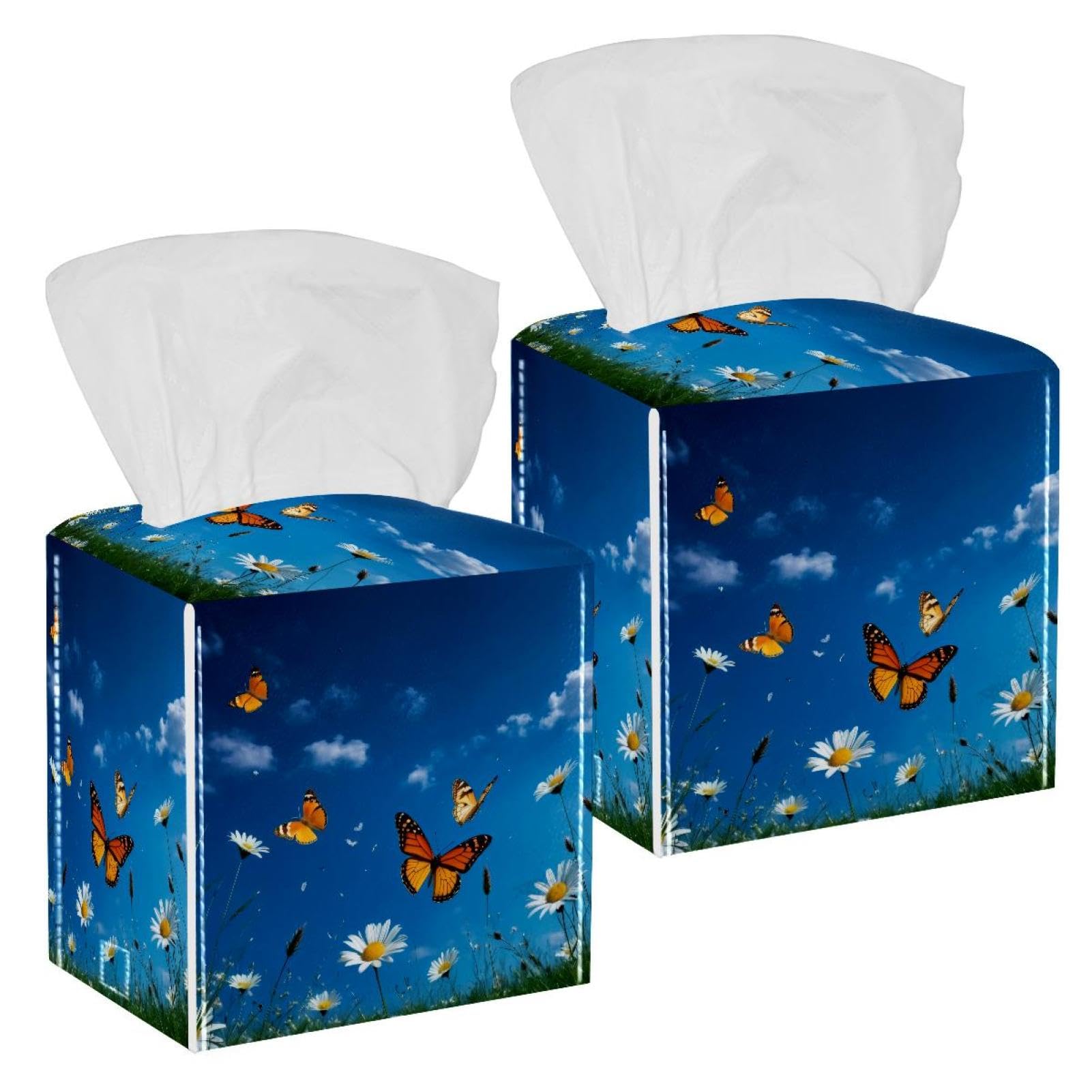 Butterfly Tissue Box Cover, 2 Pack PU Leather Square Facial Tissue Dispenser Box holder for Home Office Car