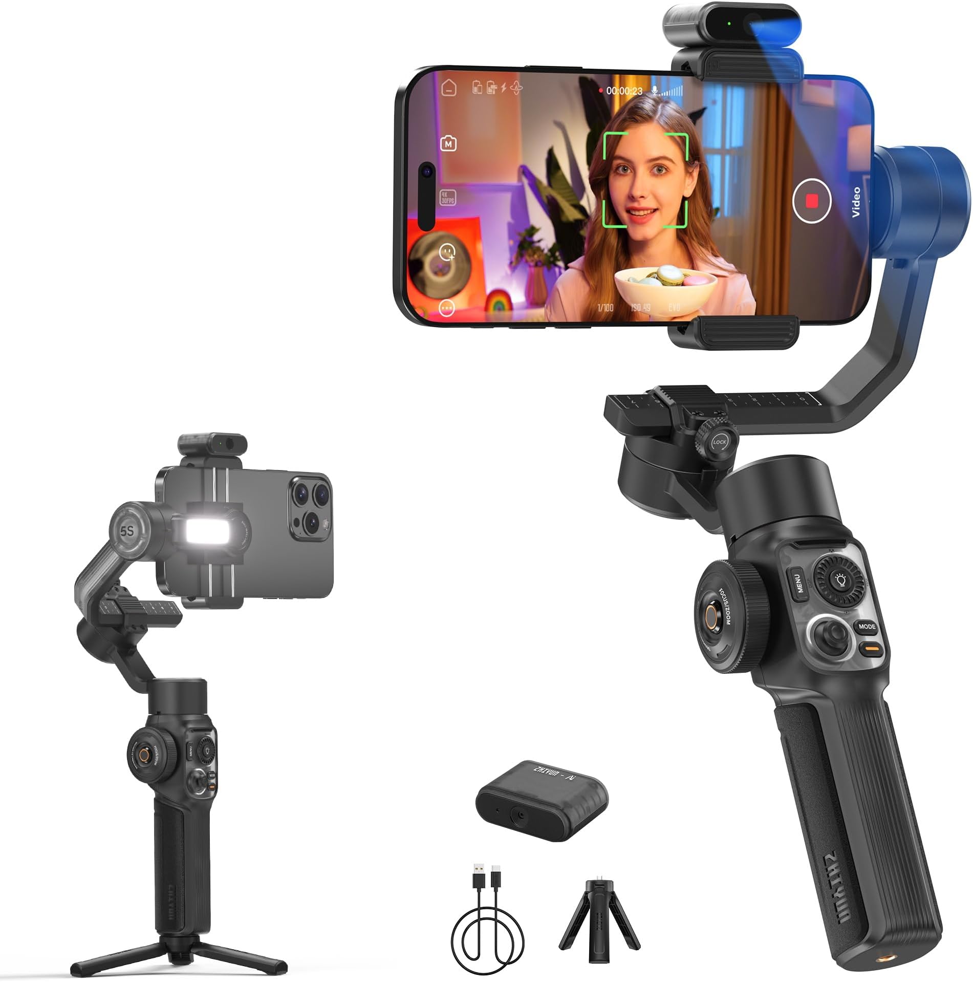 ZHIYUN Smooth 5S AI Combo 3-Axis Gimbal Stabilizer for iPhone 15 Pro Max & Android Smartphone Gimbal with AI Tracker,Built-in Fill Light,Tripod,Phone Stabilizer for Video Recording Vlog Filming,Black