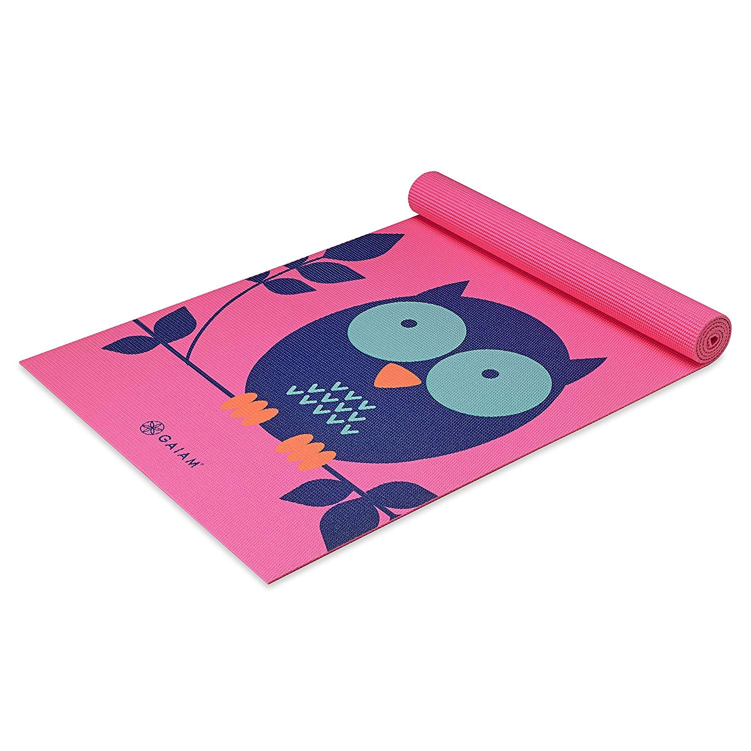 Gaiam Kids Printed Yoga Mat, Non-Toxic, Fun Design, 3mm | Ages 5-8 | Textured Non-Slip Surface | 6P-Free PVC | 60"L x 24"W | Downloadable Kids Yoga Class Owl