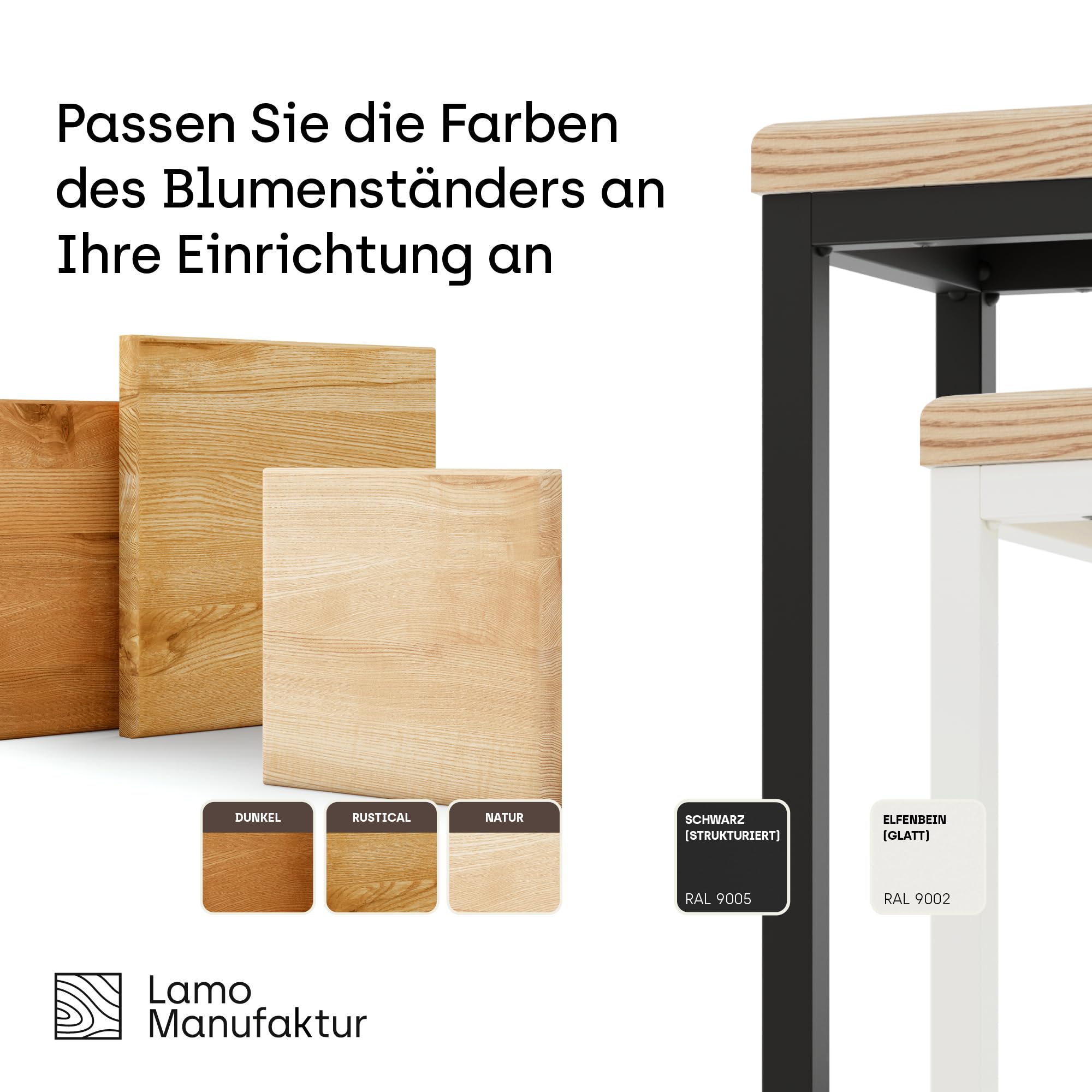 LAMO Manufaktur Pflanzenständer Set - 3 Stücke 30/50/70 cm | Blumenständer Weiss Metall | Blumenhocker Holz mit Natur Farbe | 100% Echtholz | Sockel für Zimmerpflanzen