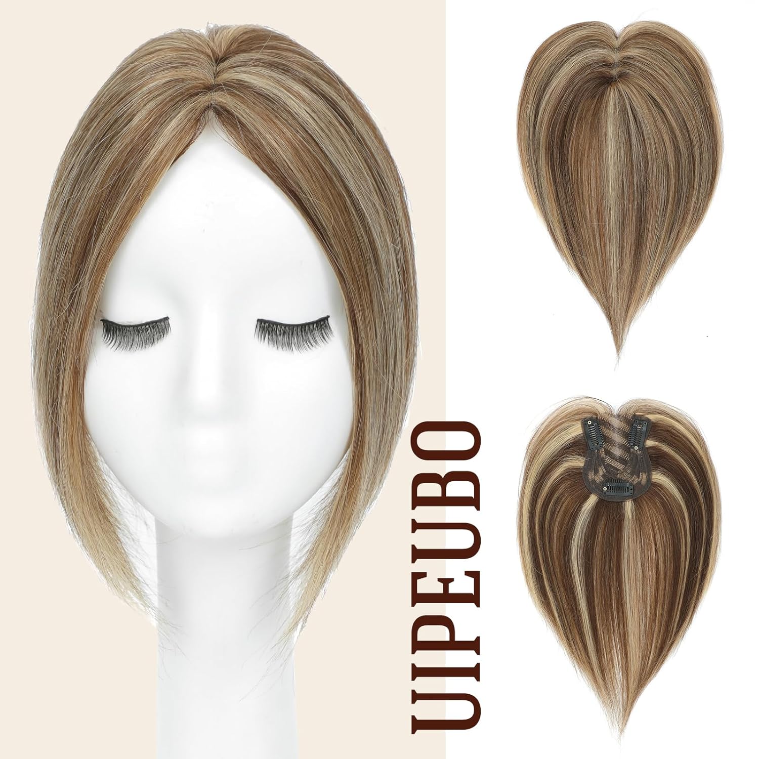 Hair Toppers for Women Real Human Hair Toppers with Thinning Hairpieces for Women 10 Inch Human Hair Topper for Cover Gray Roots（Medium Brown and Honey Blonde Mix）