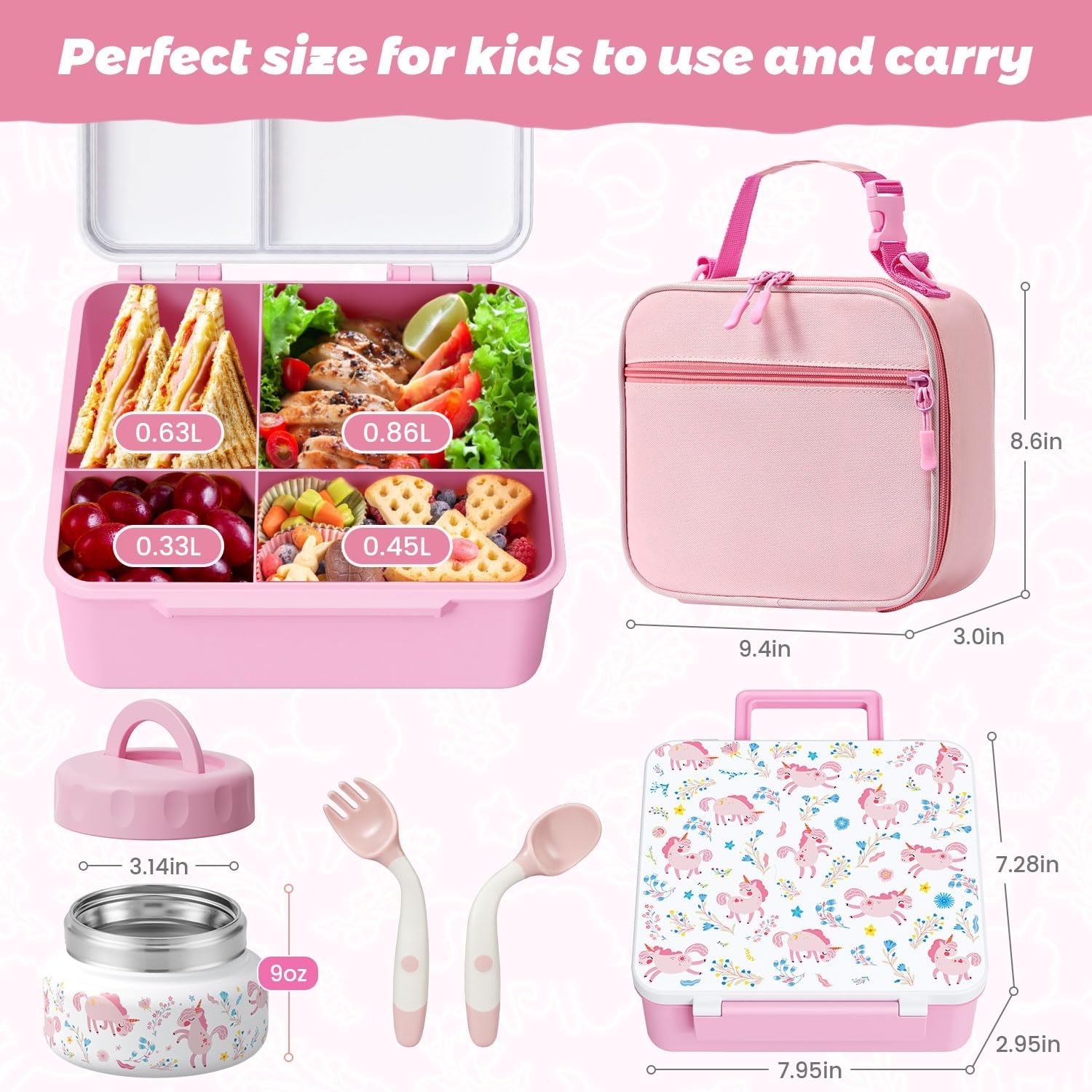 Kids Bento Lunch Box with Thermos, Leakproof Toddler Bento Box with 9 OZ Insulated Food Jar, Lunch Bag & Utensils 3 or 4 Compartment Container for School Girls Boys