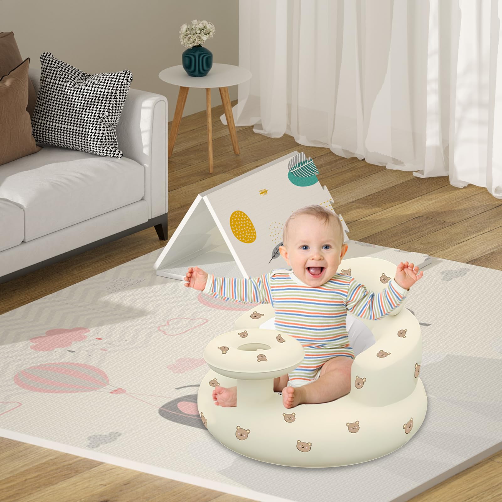 Aufblasbarer Babysitz für Babys 3 Monate und höher, aufblasbare Babystuhl, Sit-Me-up-Babybodenstuhl aufblasbarer Stuhl für eingebaute Babypumpe, Babystuhl mit Rückenunterstützung (Bärchen)