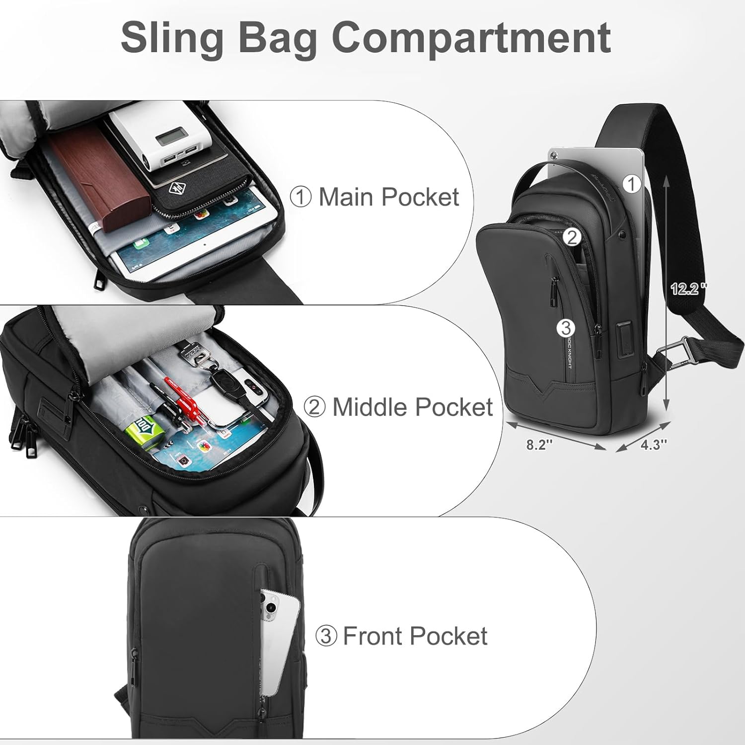 hk Umhängetasche Herren, Wasserdicht Schultertasche 11,3 Zoll iPad Brusttasche Crossbody Bag mit USB-Ladeanschluss, Rucksack Klein Sling Bag Herren für Arbeit Reisen Radfahren Wandern-Schwarz