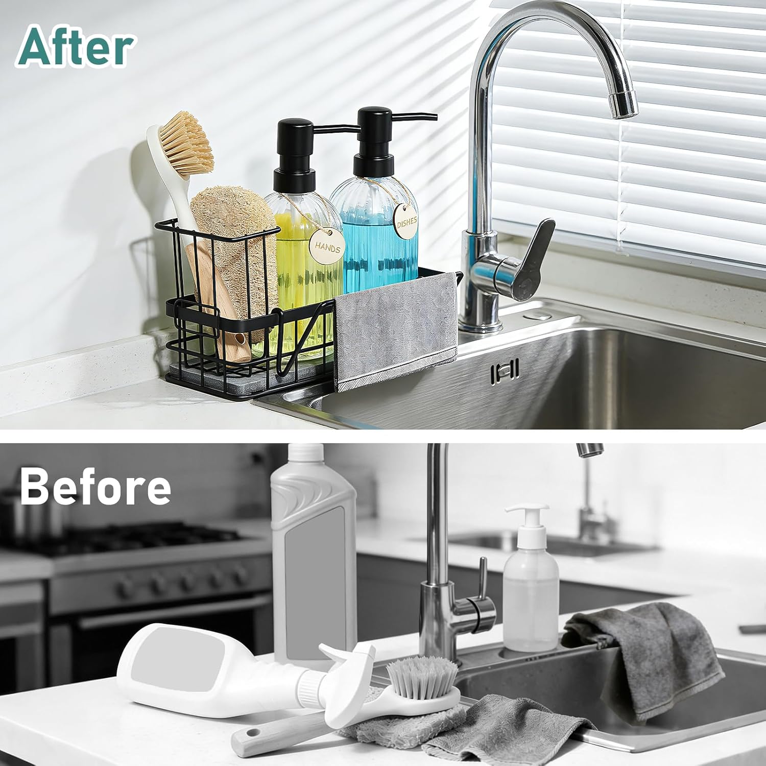Kitchen Soap Dispenser Set, Hand and Dish Soap Dispenser Set with Sponge Holder, Dish Soap Dispenser with Instant Dry Tray for Kitchen Organizer, 15 fl oz Clear Glass Soap Dispenser with Pump