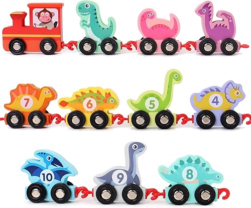 Miniatura 1 de BESTAMTOY Juguetes de tren de números de dinosaurio coloridos de madera, juegos de secuenciación a juego, juego de reconocimiento educativo de