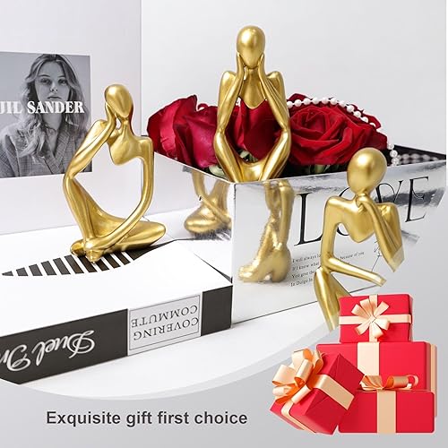 Miniatura 4 de Juego de 3 estatuas de pensador de arte abstracto, decoración de escultura de resina dorada, estatuas coleccionables para mesa, hogar, oficina, sala