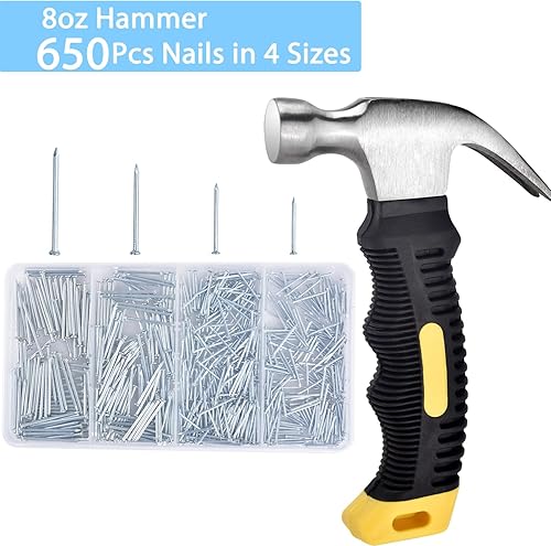 Miniatura 2 de Nail Assortment Kit and 8oz Small Hammer Set - 650Pcs Small Nails&Mini hammer for Hanging Pictures - Tiny hammer for crafts - Claw Hammer and