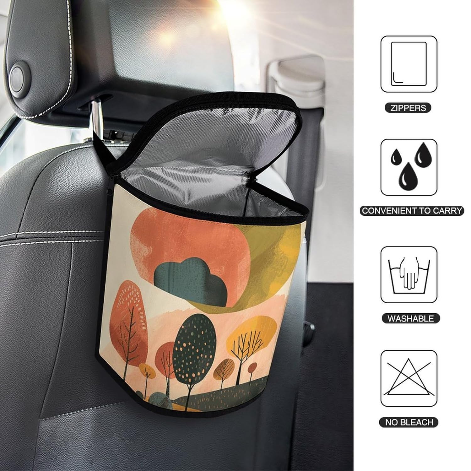 MUSM Leakproof Car Trash Can 2.5 Gallon, Durable Automotive Garbage Bag with Waterproof Liner, Trees on Mountain Trash Bag for Car, Truck, RV & Bathroom