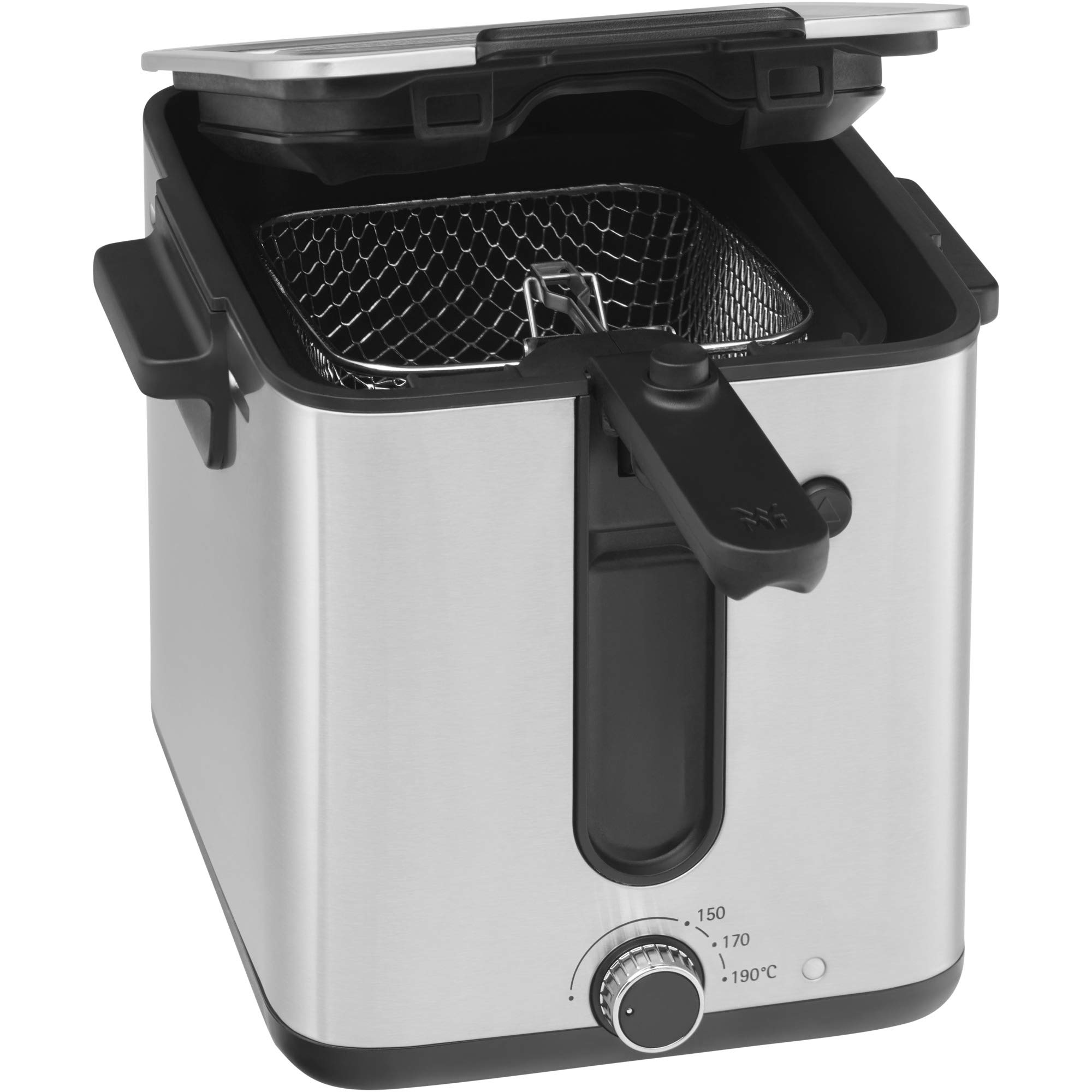 WMF Küchenminis mini frytkownica z tłuszczem/olejem, mini frytkownica z krajalnicą do ziemniaków, 1000 W, wyjmowany pojemnik na olej, na chrupiące frytki, stal nierdzewna matowa