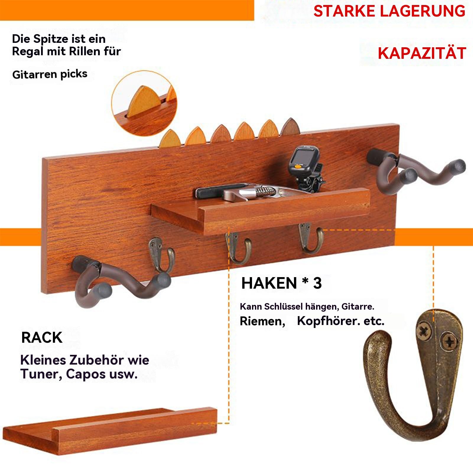Gancio a muro per chitarra, Stabile, Elevata Portata | Supporto Organizer Portachitarra In Legno Robusto Espositore Multistrumento Per Chitarra Elettrica, , Basso, Ukulele E