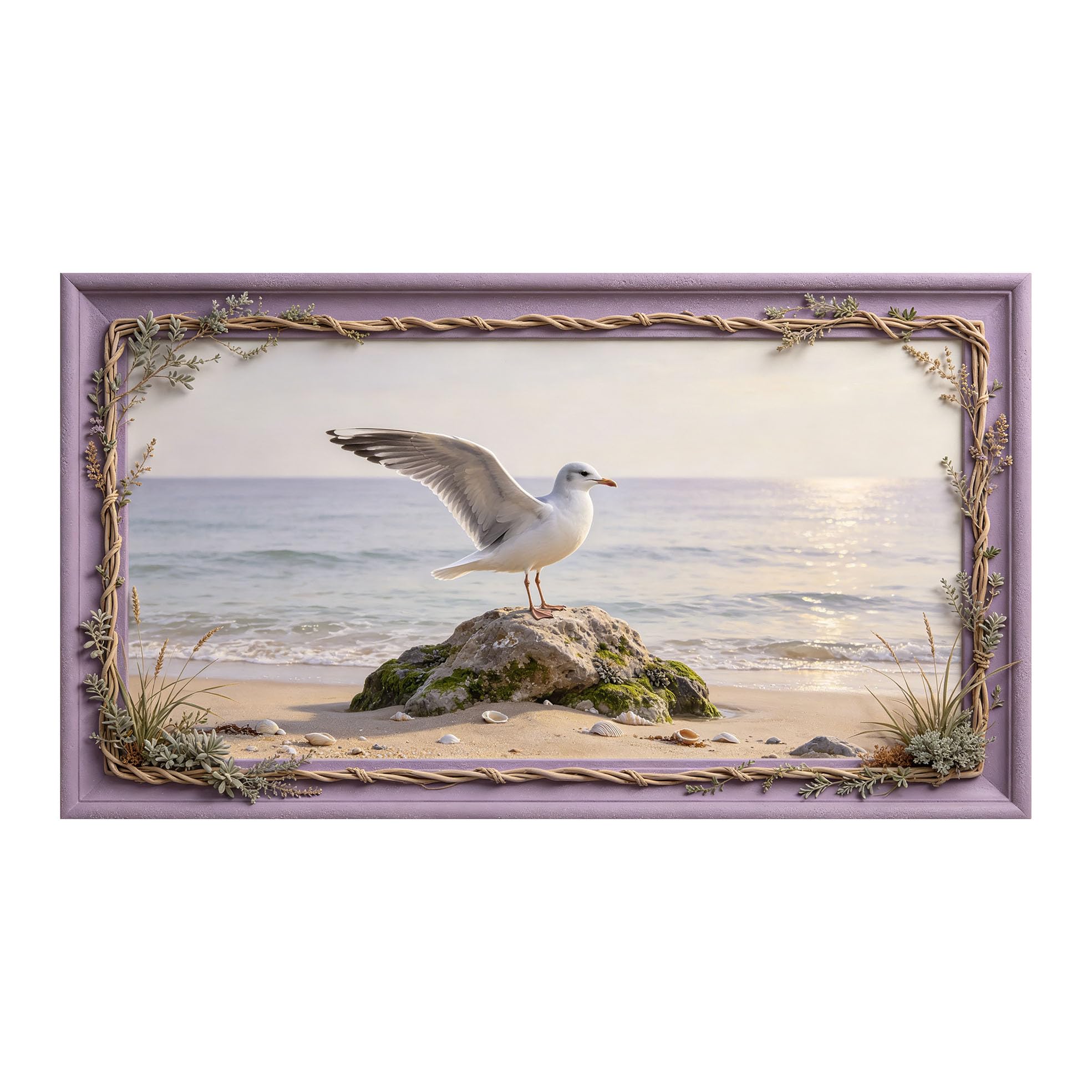 Murasolite 3D 3D Framed Wall Art 50cm×90cm Coastal Seagull Beach Landscape SelfAdhesive Fabric Mural Wall Decor, Peel and Stick No Damage to Wall for Bedroom Living Room