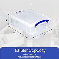 Vista 3 de Really Useful Box contenedor apilable de plástico de 8.1L con tapa de cierre y asas con clip incorporado para la organización del hogar y la oficina