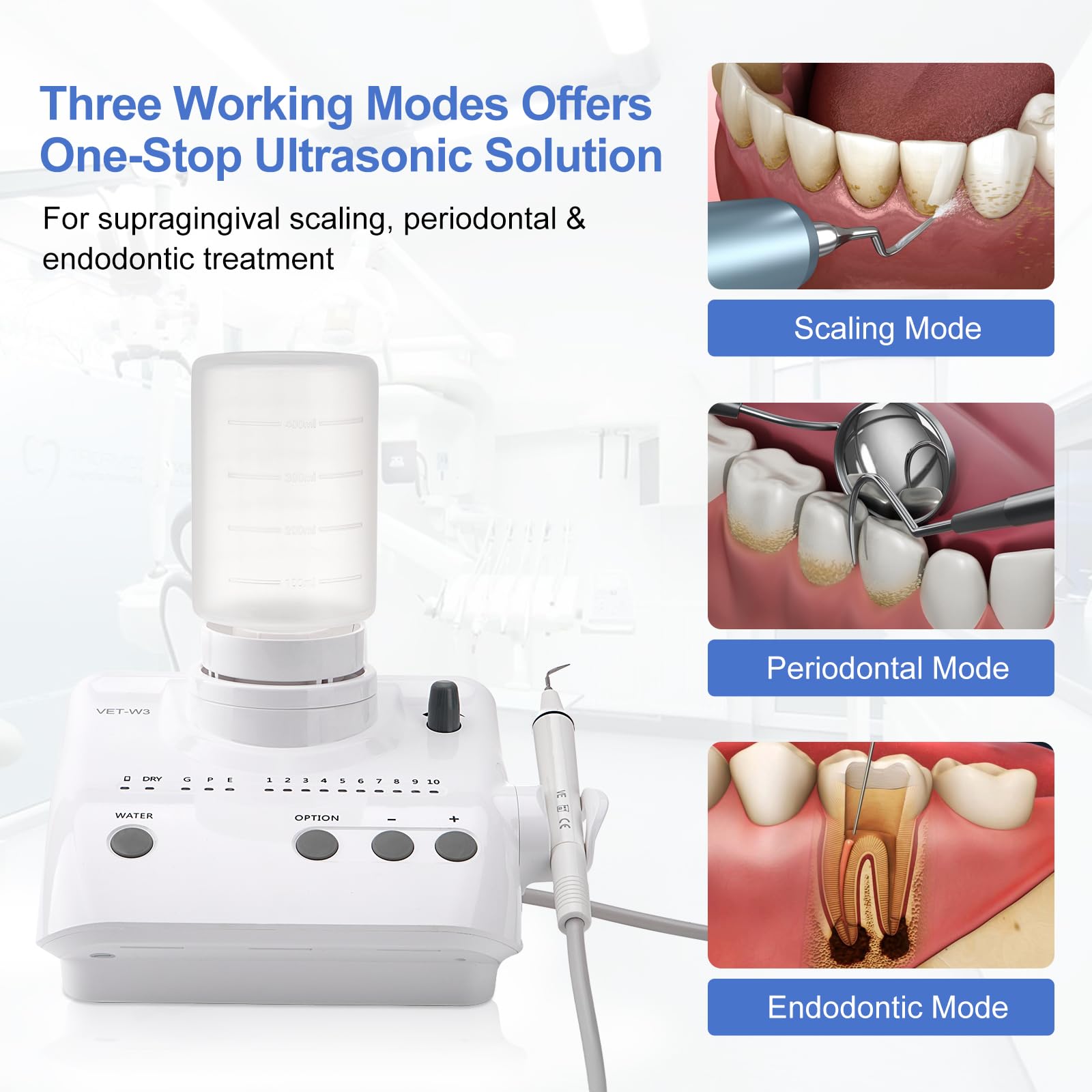 4E 4E'S USA Dental Ultrasonic Scaler 510(K) Approved: Ultrasonic Scaling System with 3 Operating Modes, Automatic Water Supply System, Handpiece & Tip Kit