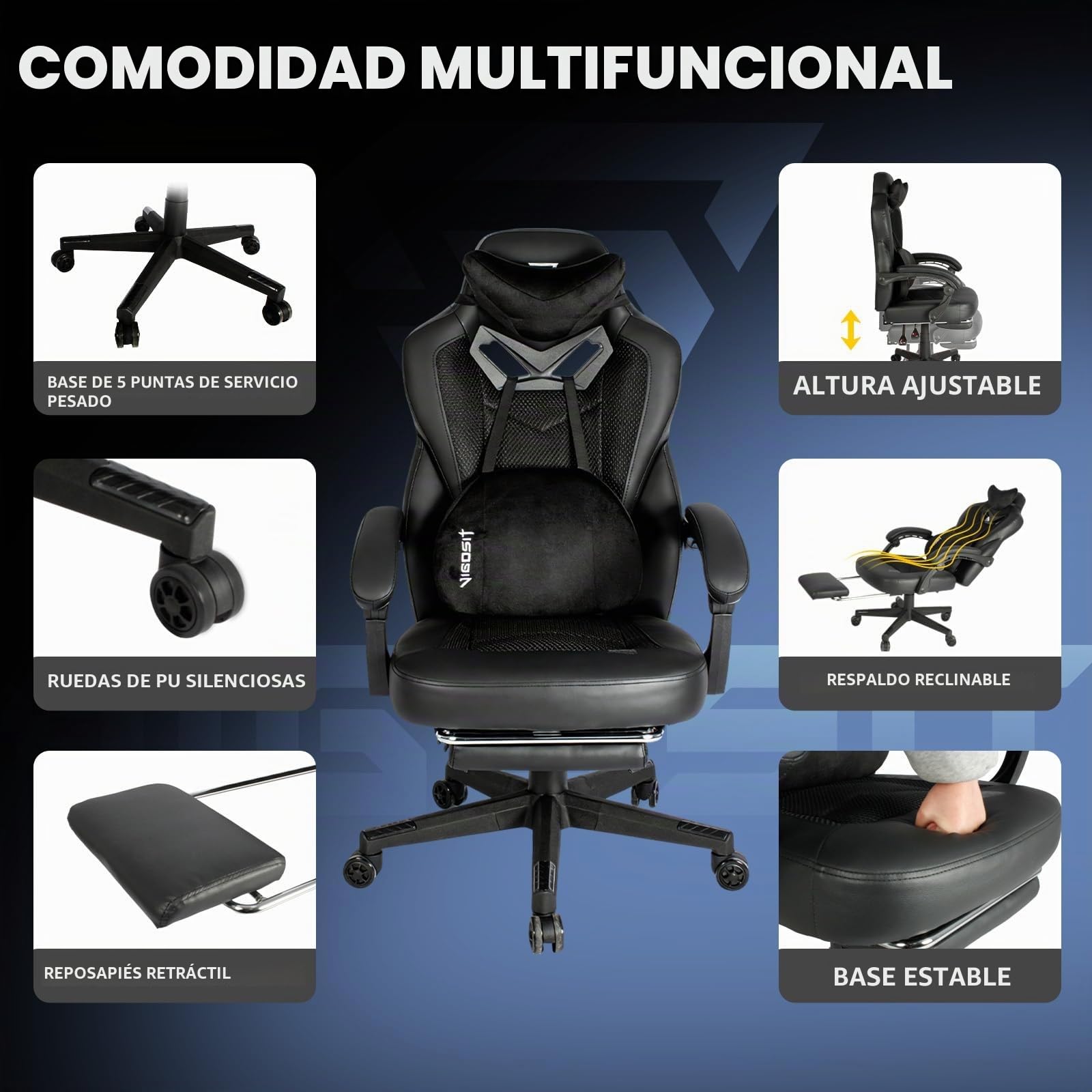 Vigosit Silla de Gaming Pro con reposapiés, de PC de Malla con función de Masaje, Silla ergonómica reclinable para Gamer Ordenador, 150 kg, Grande y Alta de Oficina, Color Negro