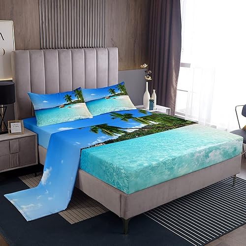 Juego de sábanas de playa de verano, juego de sábanas de playa hawaianas, sábanas superiores estilo hawaiano, palmeras, naturaleza tropical,