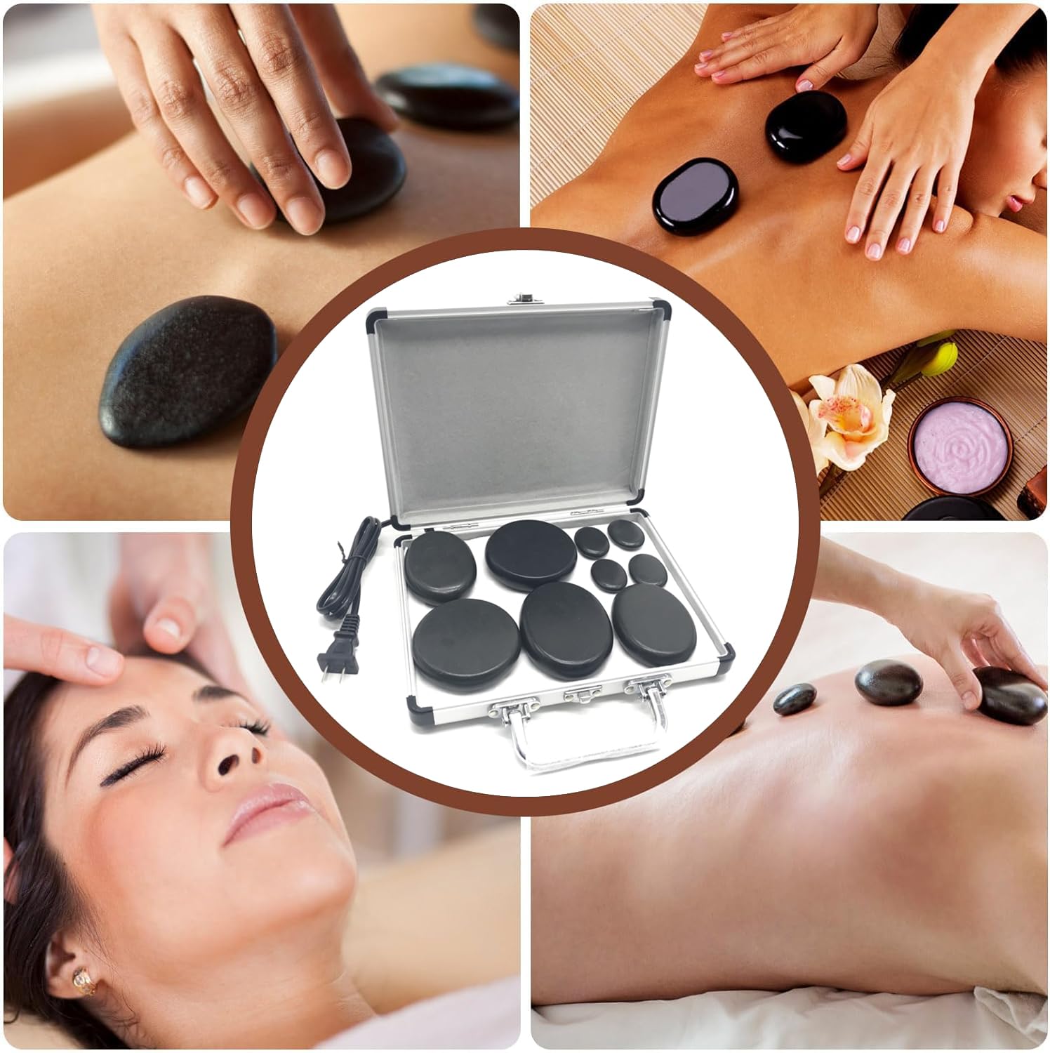 TPbaeke Piedras calientes para masaje con calentador, 9 mini piedras de masaje con kit de calentador para 4 tamaños, masaje de piedras calientes para masaje profesional o en casa, spa, calentamiento,