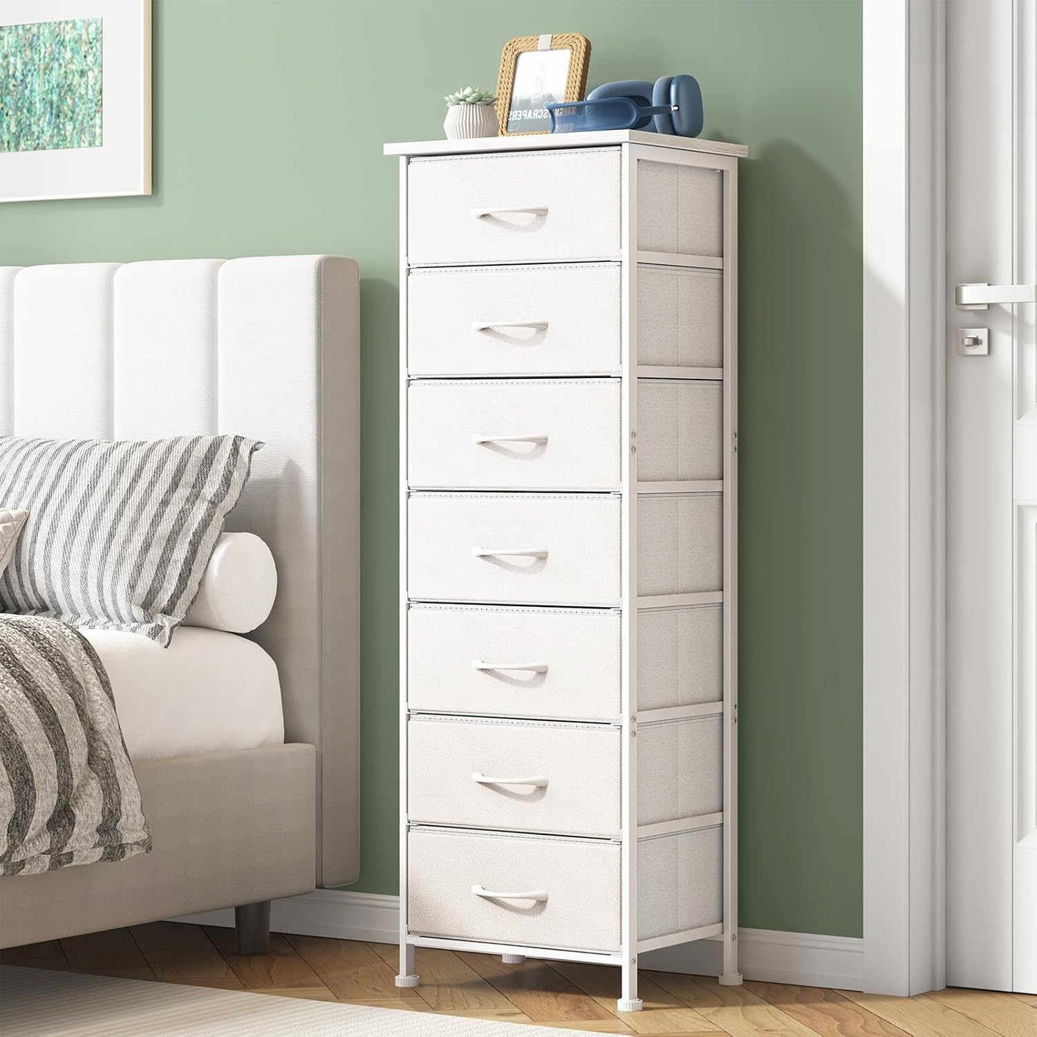 Fixwal Tall Narrow White Dresser for Bedroom, Storage Dresser Organizer with 7 Fabric Drawers, Nightstand Furniture in Closet, Entryway, Hallway